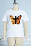 Camisetas casual estampado de calle estampado de mariposa patchwork cuello redondo blanco