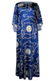 Robe longue à col rond, imprimé décontracté, blanc et bleu, robes de grande taille