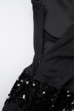 Vestidos pretos sexy patchwork lantejoulas transparentes sem costas com alça espaguete vestidos longos