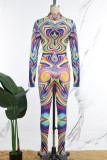 Rainbow Color Street Print Patchwork Zipper Half A Turtleneck Skinny Jumpsuits