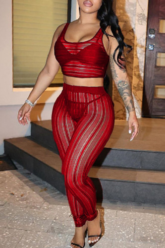 Red Sexy Casual Patchwork See-through Vests Pants U Neck Sleeveless Two Pieces Tank Crop Tops And Pants Sets
