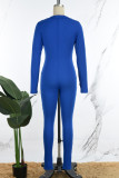 Blauwe casual stevige basic skinny jumpsuit met rits en kraag