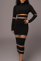 Negro sexy sólido patchwork transparente medio cuello alto lápiz falda vestidos