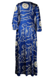 Robe longue à col rond en Patchwork imprimé décontracté bleu profond, robes de grande taille