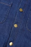 Ковбойский синий повседневный однотонный джинсовый комбинезон с отложным воротником и длинными рукавами