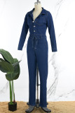 Deep Blue Casual Solid Patchwork Turndown Collar Long Sleeve Skinny Denim Jumpsuits