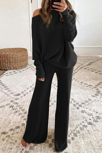 Black Casual Solid Basic O Neck Long Sleeve Two Pieces