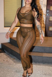 Brown Sexy Casual Patchwork See-through Vests Pants U Neck Sleeveless Two Pieces Tank Crop Tops And Pants Sets