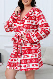 Red Casual Living Print Frenulum Gola com capuz Plus Size Pijamas