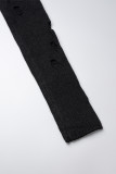 Черные повседневные однотонные рваные ажурные платья с воротником до половины и длинными рукавами