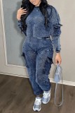 Gray Blue Casual Solid Patchwork O Neck Long Sleeve Two Pieces