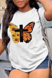 White Casual Street Print Butterfly Print Patchwork O Neck T-Shirts