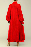 Rood Casual effen patchwork met riem, coltrui, lange mouwen, twee stukken