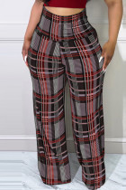 Черно-красные повседневные лоскутные брюки с принтом больших размеров и высокой талией