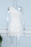 ホワイト カジュアル ソリッド バックレス オブリークカラー ノースリーブ ドレス ドレス