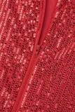 Roter lässiger Patchwork-Pailletten-Overall mit O-Ausschnitt in Übergröße (ohne Gürtel)