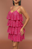 Розово-красное сексуальное повседневное лоскутное платье с блестками и открытой спиной, V-образным вырезом, платья на бретельках