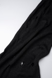 Schwarze, lässige, solide, zerrissene, ausgehöhlte, langärmlige Kleider mit halbem Rollkragen