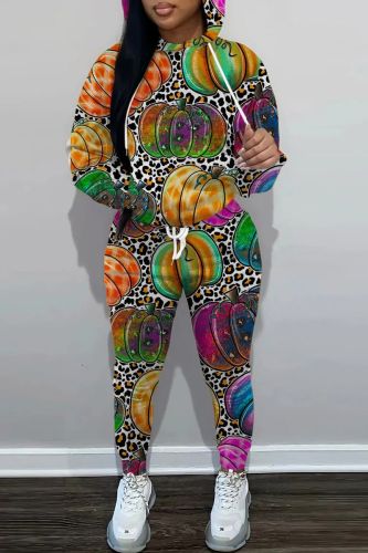 Multicolor Casual Graphcis Print Long Sleeve Sweatshirt And Draw String Pocket Skinny Pants Two Pieces Jogger Sets