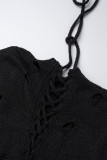 Robes noires décontractées à manches longues et col roulé, couleur unie, déchirées, évidées