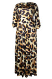 Leopardenmuster, lässiger Druck, Patchwork, O-Ausschnitt, langes Kleid, Kleider in Übergröße