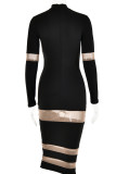 Black Sexy Solid Patchwork See-through Half A Turtleneck Pencil Skirt Dresses