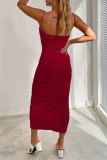 Red Sexy Casual Solid Backless Fold Spaghetti Strap Wrapped Skirt Dresses