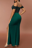 Ink Green Sexy Solid Sequins Patchwork Backless Slit Off the Shoulder Evening Dress Dresses