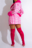 Rosafarbener, lässiger, bedruckter Patchwork-Mantel mit Gürtel, Umlegekragen, langen Ärmeln und Übergröße
