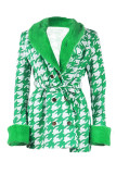 Grüner, lässiger, bedruckter Patchwork-Mantel mit Gürtel, Umlegekragen, langen Ärmeln, Übergröße