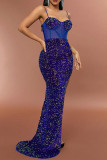 Koningsblauw sexy formele patchwork pailletten rugloze split spaghetti avondjurk jurken
