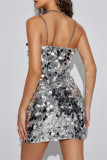 Silver Sexy Casual Patchwork Sequins Backless Spaghetti Strap Sleeveless Dress Dresses