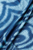 Robes à manches longues à col oblique et dos nu imprimé décontracté sexy bleu clair