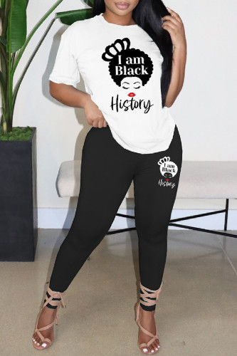 White Casual Print Basic O Neck Short Sleeve Two Pieces