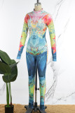 Regenbogenfarbener, schmaler Jumpsuit mit Street-Print, Patchwork-Reißverschluss, halbem Rollkragen