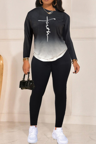 Black Casual Gradual Change Print Basic O Neck Long Sleeve Two Pieces