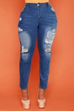 Jeans jeans regular cintura alta casual azul liso rasgado