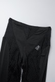 Zwart sexy effen uitgehold patchwork doorzichtige skinny middelhoge taille conventionele effen kleur broek