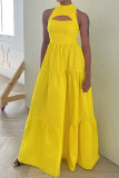 Gele casual effen uitgeholde patchwork-rits O-hals A-lijn jurken