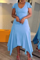 Vestidos de vestido irregular azul elegante sólido patchwork babado com decote em U