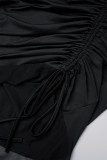 Svart Casual Solid Draw String Frenulum fyrkantig krage långärmade klänningar