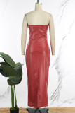 Röd Sexig Solid Patchwork Hög öppning Axelbandslösa långa klänningar