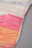 Orange-rosa, lässiges Patchwork-Kleid mit O-Ausschnitt und ärmellosem Print