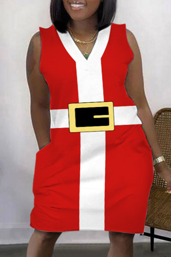 Rot Casual Print Basic V-Ausschnitt ärmellose Kleid Kleider