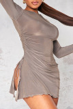コーヒーセクシーなソリッド包帯パッチワークスリットOネックラップスカートドレス