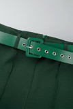 Grüne, elegante Druck-Patchwork-Schnalle mit Gürtel, Hemdkragen, lange Ärmel, zweiteilig