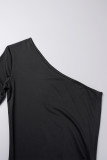 Zwarte sexy casual effen rugloze schuine kraag lange jurkjurken