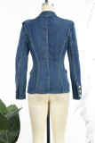 Голубая однотонная джинсовая куртка со знаменитостями в стиле пэчворк, карман, пряжка, пуговицы, воротник-кардиган, длинный рукав, обычная джинсовая куртка