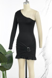 ブラック セクシー カジュアル ソリッド バックレス オブリーク カラー ロング ドレス ドレス