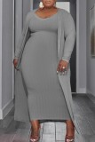 Grey Casual Solid Basic O Neck Plus Size Two Pieces